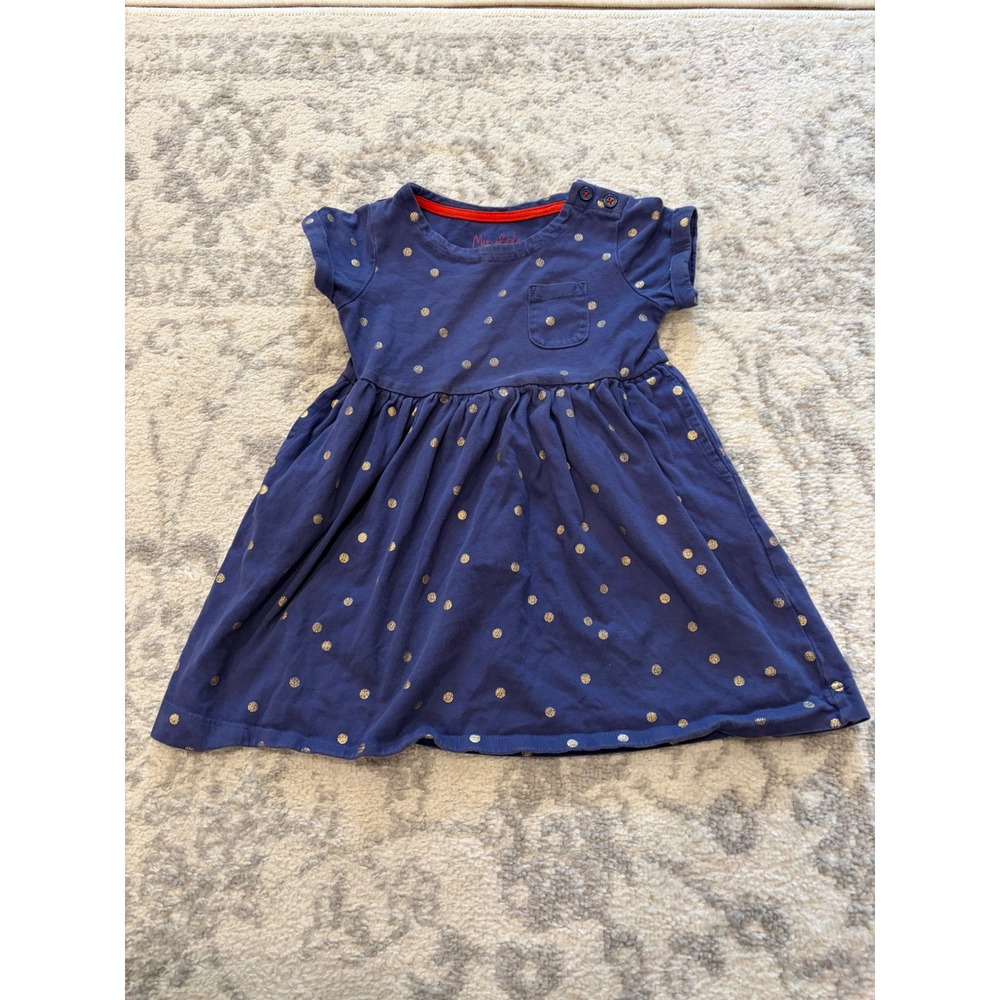 Mini Boden Girls Blue Gold Metallic Polka Dot Jersey Dress 3-4Y 104cm